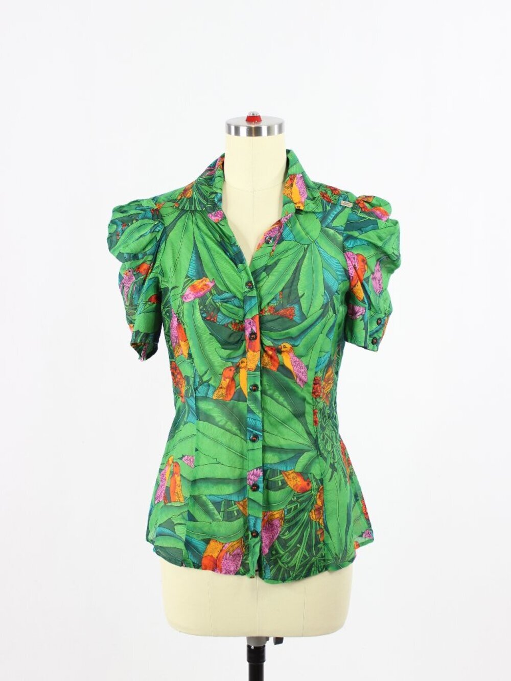 MISS SIXTY Green Tropical Cotton Voile Puff Sleeve Button Down Blouse, Size S